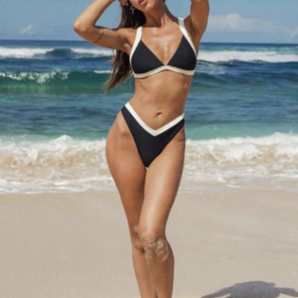 BERLOOK Contrast Trim Triangle Bikini Top AND Contrast Trim V-Cut Bikini BOT 44